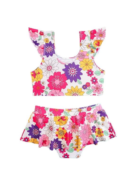 Girls 2 Piece Tankini Swimsuit Bathing Suit Adjustable Straps Ruffled Floral Summer Girls' Swimwear for 3-8 Years Red for Size 18-24 Months