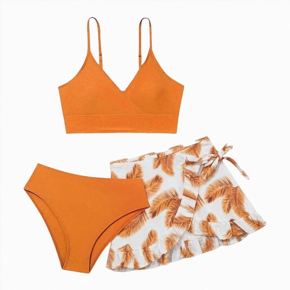 BOBOGOJP Girls 3 Piece Swimsuits Bathing Suit Cute Ruffle Floral Print Bikini Set with Skirt Kids Swimwear Size 10-16 Years (Orange, 13-14 Years)
