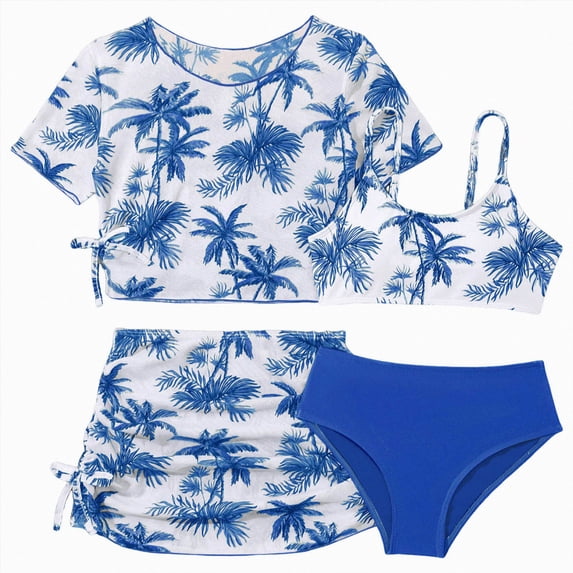 BOBOGOJP Girls 4 Swimsuit Set Print Bathing Suit with Quick Dry Modest Beach Swimwear Blue for Size 11-12 Years