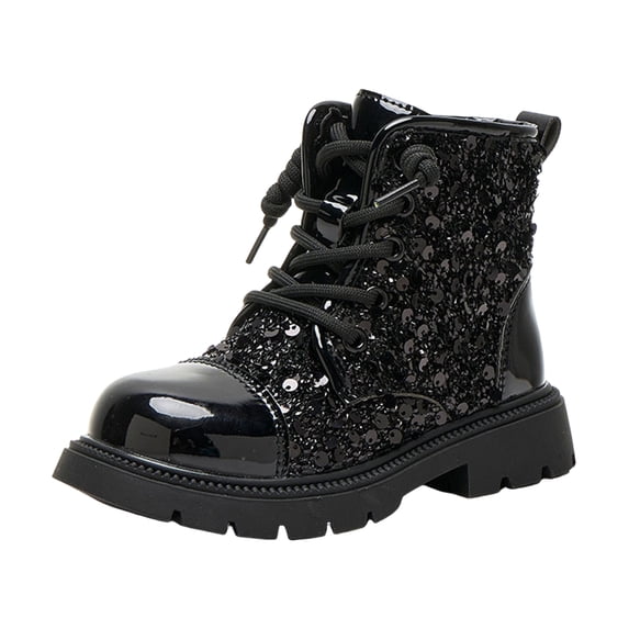 BOBOGOJP Girls Ankle Boots with Side Zipper & Lace Up – Stylish Comfort Shoes with Glitter for Toddlers Little Kids & Big Kids Black for Size 11