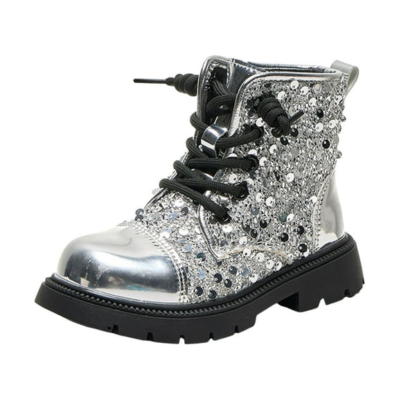 BOBOGOJP Girls Ankle Boots with Side Zipper & Lace Up – Stylish Comfort Shoes with Glitter for Toddlers Little Kids & Big Kids Silver for Size 13.5