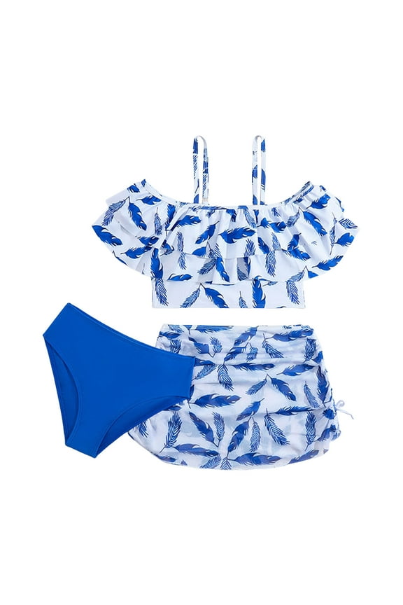 Girls Bikini Set 3 Piece Swimsuits 3 Pieces Gradient Bathing Suit Color Block Bikini Set with Cover Up Skirt Swimwear Blue for Size 11-12 Years