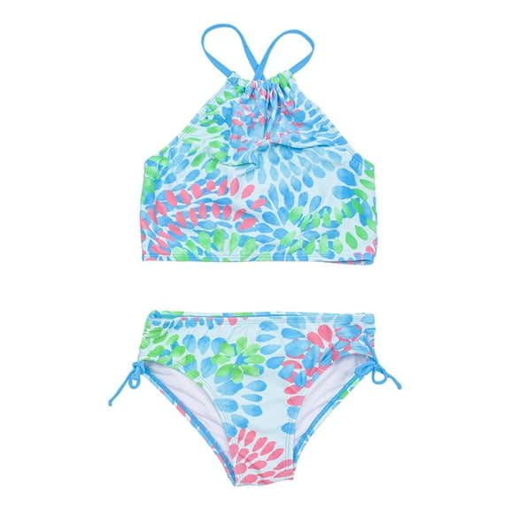 BOBOGOJP Girls Bikini Swimsuits Two Piece Bathing Suit Set for Girls Double Ruffle Hawaiian Swimwear Set Green for 5-6 Years