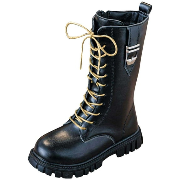 BOBOGOJP Girls Black Combat Boots Lace Up Waterproof Combat Shoes With Side Zipper for Toddler/Little Kid/Big Kid Black for Size 1.5