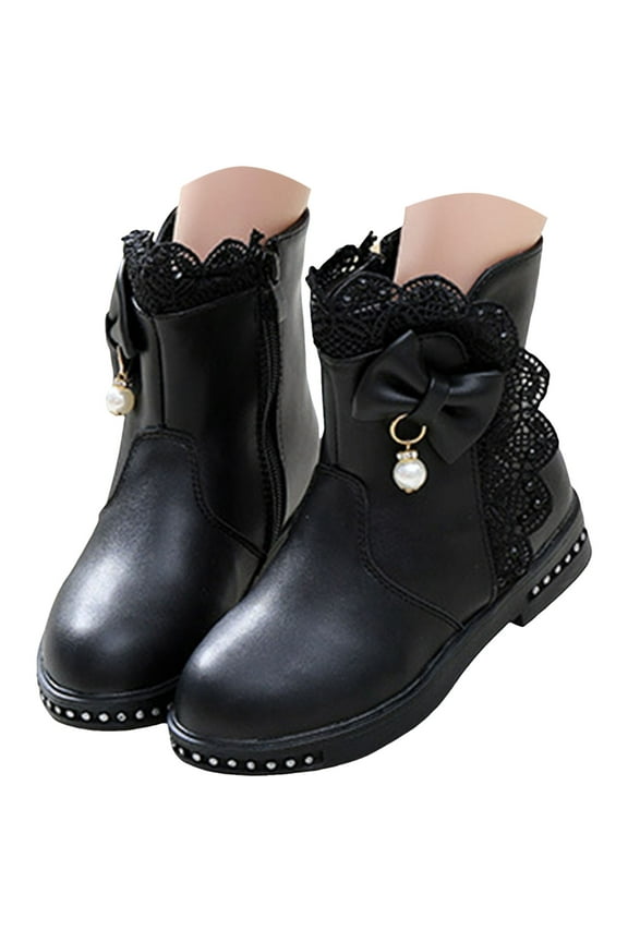 Girls Bow Ankle Boots Ruffled Chunky Heel with Classic Side Zipper Dress Booties for Little Kids/Big Kids Black for Size 3.5