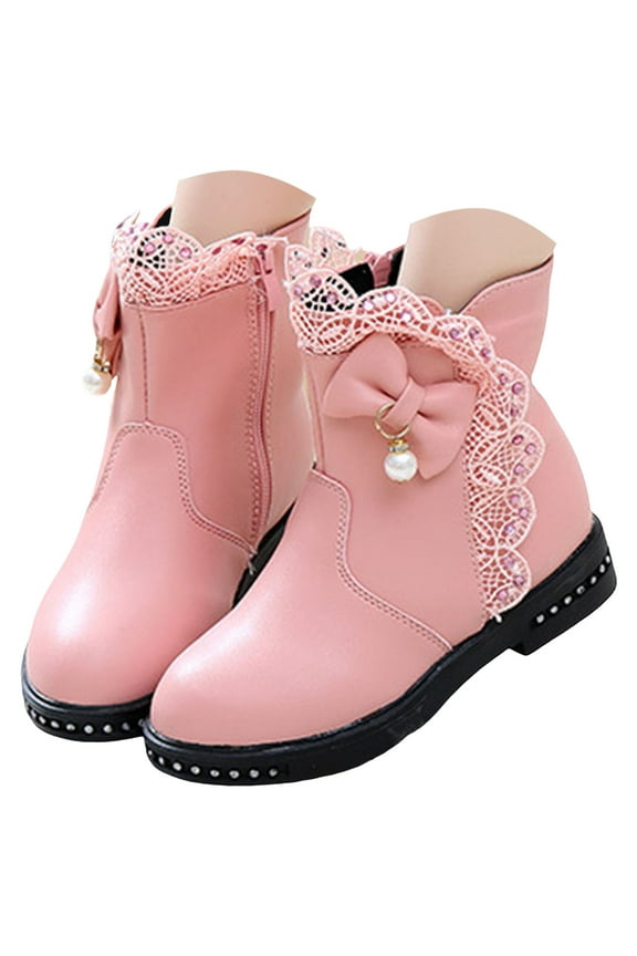 Girls Bow Ankle Boots Ruffled Chunky Heel with Classic Side Zipper Dress Booties for Little Kids/Big Kids Pink for Size 13