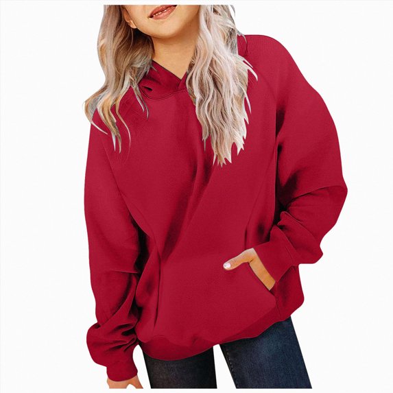BOBOGOJP Girls Casual Long Sleeve Hoodies Cute Oversized Fleece Pocket Sweatshirt Tops (Red, A)