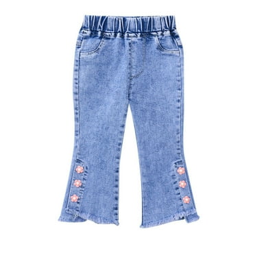 BOBOGOJP Girls Casual Wide Leg Jeans Print Elastic Waist Wide Leg Ripped Jeans Denim Pants Pink, Size 18-24 Months