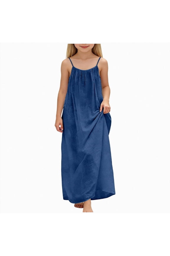 Girls' Dresses Linen Strap Cute Sun Dresses Summer Cami Midi Maxi Beach Dress Long Soft Solid Flowy Sundress Backless Navy,Size 9-10 Years