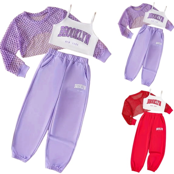 BOBOGOJP Girls Graphic 3 Piece Outfits Workout Hoodie Crop Tank and Sweatpants Hop Dance Set Purple for Size 13-14 Years
