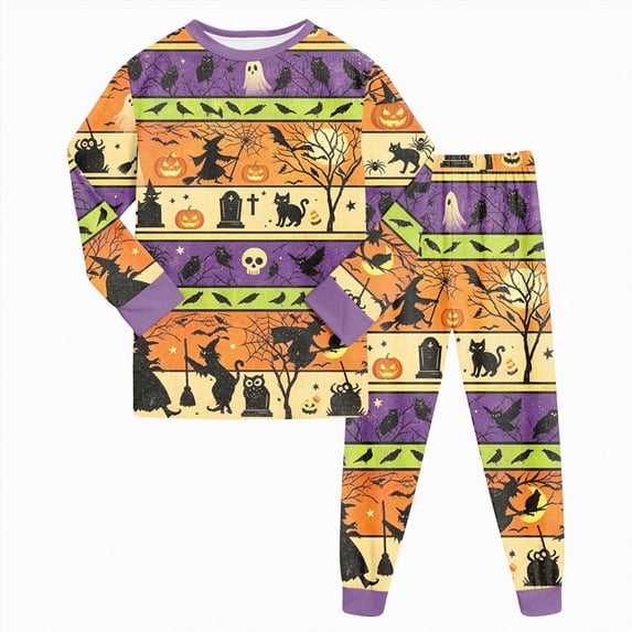 BOBOGOJP Girls Halloween Pajamas Hallowmas Ghost Graphic Long Sleeve Pjs Tops Pants Loungewear Sets Cozy Nightwear Sleepwear(Gold,2-3 Years)