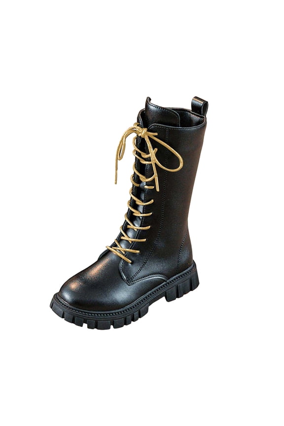 Girls Knee High Boots Winter Lace up Zipper Mid Calf Military Boots Fleece Lined PU Leather Goth Sole Boot Fashion Dress Shoes Black for Size 32