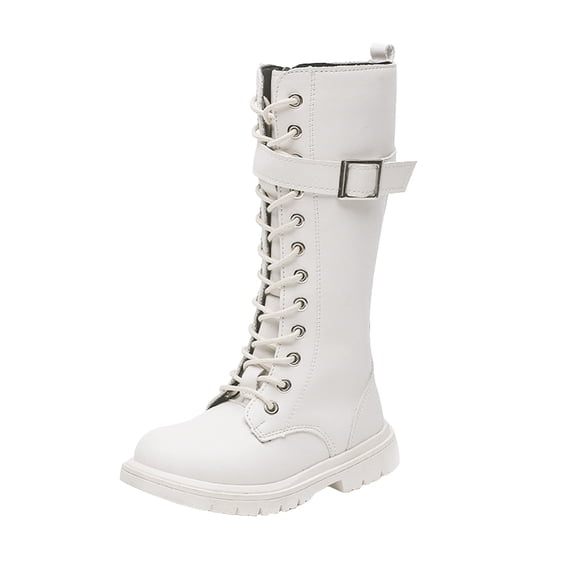 BOBOGOJP Girls Knee Lace Up Riding Boots Kids Fashion Mid Calf Combat Boots PU Leather Side Zipper Punk Goth Boot Beige for Size 1.5