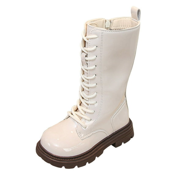 BOBOGOJP Girls Knee Length Boots Side Zipper Combat Riding Boots Lace-Up Chunky Low Heel Tall Winter Boots Dress Kids Shoes White for Size 9.5