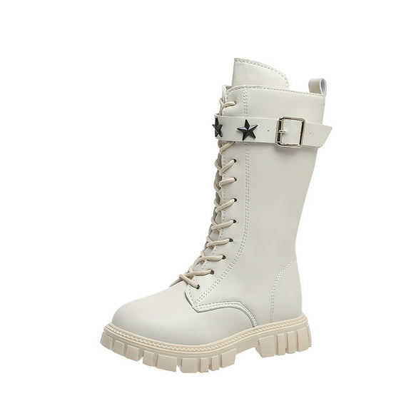 BOBOGOJP Girls Lace Up Boots Mid Calf Riding Boots Leather Side Zipper Punk Boot for Teen Girls Shoes White for Size 1