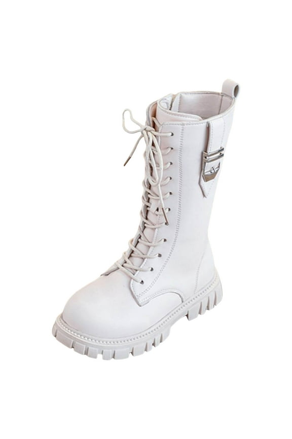 Girls Lace Up Mid Calf Combat Boots Fashion Round Toe Side Zipper Lug Sole Punk Goth Boot For Toddler Little Kid Big Kid White for Size 3