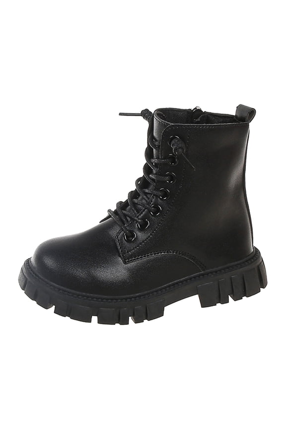 Girls Lace Up Riding Boots Ankle Calf Combat Boot PU Leather Side Zipper Punk Goth Boot Black for Size 12.5