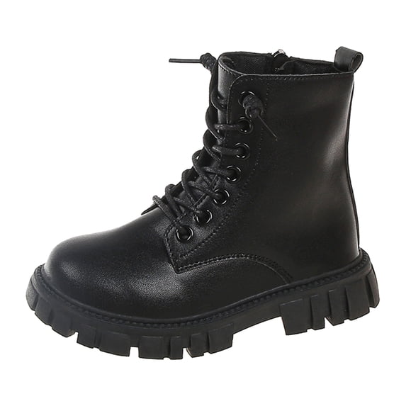 BOBOGOJP Girls Lace Up Riding Boots Ankle Calf Combat Boot PU Leather Side Zipper Punk Goth Boot Black for Size 3.5