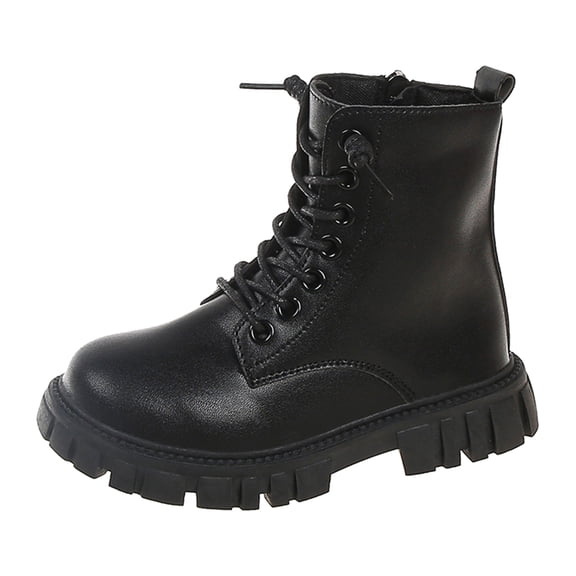 BOBOGOJP Girls Lace Up Riding Boots Ankle Calf Combat Boot PU Leather Side Zipper Punk Goth Boot Black for Size 3