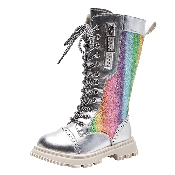 BOBOGOJP Girls Lace Up Riding Boots, Combat Boots Kids Waterproof Pu Leather Side Zipper Punk Goth Boot Silver for Size 2.5