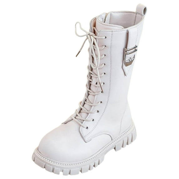 BOBOGOJP Girls Lace Up Riding Boots Mid Calf Combat Boots PU Leather Side Zipper Punk Goth Boot Lug Sole Boot White for Size 1.5