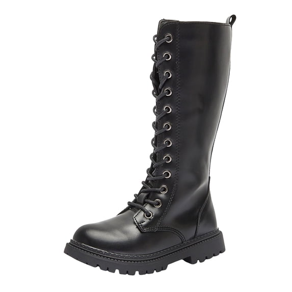 BOBOGOJP Girls Lace Up Riding Boots Mid Calf Combat Boots Pu Leather Side Zipper Punk Goth Boot Fall Boots Black for Size 13.5