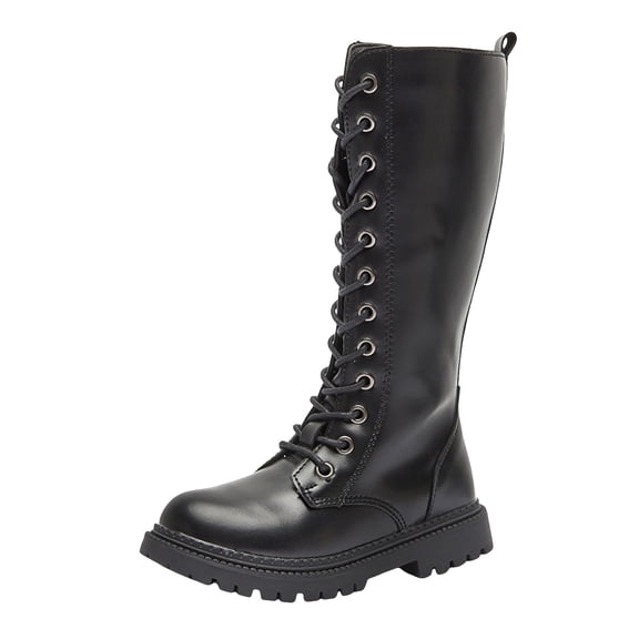 BOBOGOJP Girls Lace Up Riding Boots Mid Calf Combat Boots Pu Leather Side Zipper Punk Goth Boot Fall Boots Black for Size 13.5