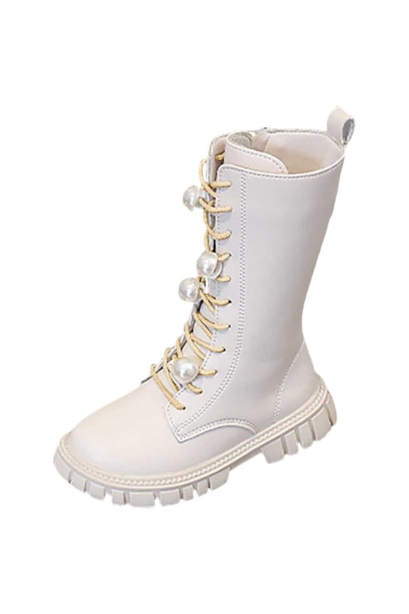 Girls Lace Up Riding Boots, Mid Calf Combat Boots Waterproof PU Leather Side Zipper Punk Goth Boot White for Size 3.5