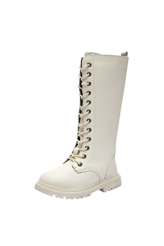 Girls Lace Up Riding Boots Waterproof Lace Up Side Zipper Mid Calf Combat Riding Boots Beige for Size 1