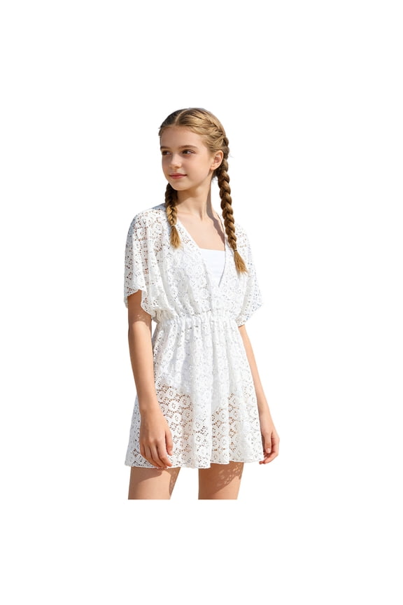 Girls Long Sleeve Swim Coverups Kids Fashion Crochet Beach Dress 5-14 Years White for Size 13-14 Years