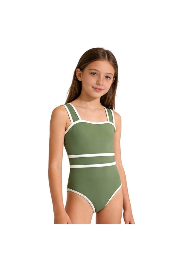 Girls One Piece Swimsuit with Adjustable Straps, Padded, Sun Protection & Quick Dry Bathing Suit 9-18Y Amry Green for Size 11-12 Years
