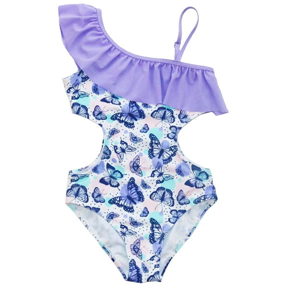 BOBOGOJP Girls One Piece Swimsuits Cutout Ruffle Bathing Suit Quick Dry Beach Swimwear with Adjustable Strap 5-14 Years Purple for Size 5-6 Years