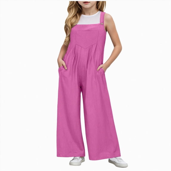 BOBOGOJP Girls' Overalls Harem Pants Wide Strap Jumpsuits Loose Rompers Hem Long Pants with Pockets 5-14 Years Hot Pink for Size 13-14 Years