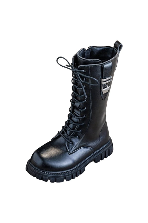 Girls Riding Boots Knee High Boots Shoes Side Zipper Leather Lace up Combat Boots Black for Size 3