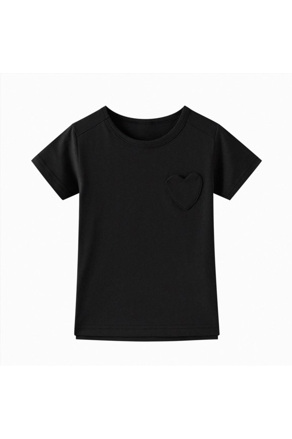 Girls Short Sleeve Heart Pocket T-Shirts Casual Cotton Tee Tops Blouse Black for Size 6-7 Years