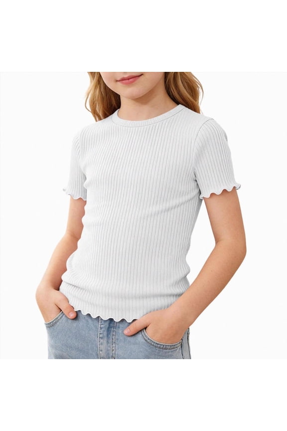 Girls Short Sleeve T-Shirts 5-16 Years Boat Neck Lettuce Ribbed Tops Kid Tight Fit Summer Casual Cute Tees White for Size 7-8 Years