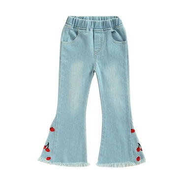 BOBOGOJP Girls Skinny Mid Rise Jean Denim Elastic Wasit Wide Leg Baggy Pants Kids Clothes Blue, Size 4-5 Years