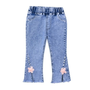 BOBOGOJP Girls' Stretch Denim Jeans Print Elastic Waist Wide Leg Ripped Jeans Denim Pants Hot Pink, Size 4-5 Years