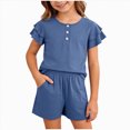 thumbnail image 1 of BOBOGOJP Girls Summer Outfits 2 Sets Ruffle Short Sleeve Button Down Shirts Shorts Set Kids Clothes with Pockets Blue for Size 9-10 Years, 1 of 4