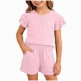 thumbnail image 1 of BOBOGOJP Girls Summer Outfits 2 Sets Ruffle Short Sleeve Button Down Shirts Shorts Set Kids Clothes with Pockets Pink for Size 11-12 Years, 1 of 4
