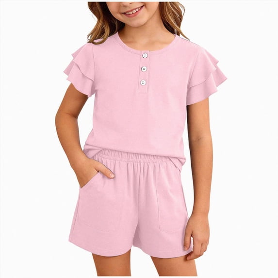 BOBOGOJP Girls Summer Outfits 2 Sets Ruffle Short Sleeve Button Down Shirts Shorts Set Kids Clothes with Pockets Pink for Size 11-12 Years
