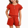 thumbnail image 1 of BOBOGOJP Girls Summer Outfits 2 Sets Ruffle Short Sleeve Button Down Shirts Shorts Set Kids Clothes with Pockets Red for Size 9-10 Years, 1 of 4