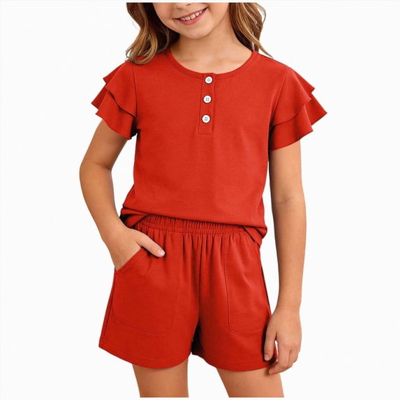 BOBOGOJP Girls Summer Outfits 2 Sets Ruffle Short Sleeve Button Down Shirts Shorts Set Kids Clothes with Pockets Red for Size 9-10 Years