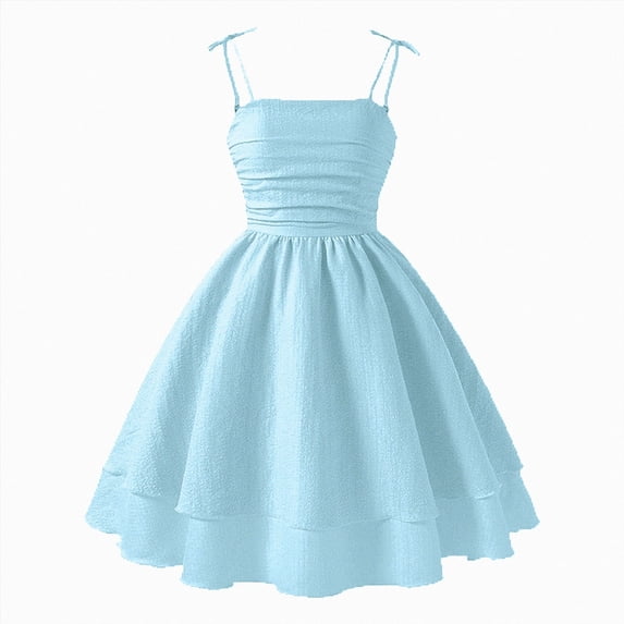 BOBOGOJP Girls Summer Spaghetti Straps Smocked Ruched A Line Swing Dress Flowy Double Layered Tween Girl Party Dresses Sky Blue,Size 9-10 Years