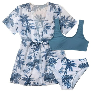 BOBOGOJP Girls Swimsuit, 3 Piece Tropical Print Bathing Suit with Quick Dry Girls' Swimwear Cover Up for Girls (Blue,11-12 Years)