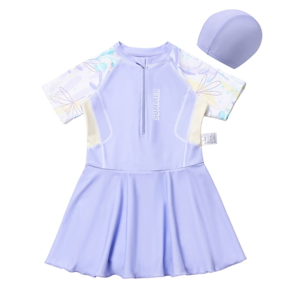 BOBOGOJP Girls Swimsuit Beach Sport Skirt hemt One Piece Swimsuit UPF 50  Sun Protection Bathing Suits Light Purple for Size 11-12 Years