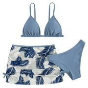 BOBOGOJP Girls Swimsuit Kids Girls 3 Piece Swimsuits Leaf Print Bathing Suit Solid Bikini Tops Underpants Print Skirt Swimwear Set Bikinis for Teen Girls Light Blue,6-8 Years