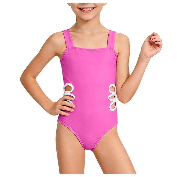 BOBOGOJP Girls Swimsuit Solid Color Cut Out One Piece Bathing Suit with Chest Pad Adjustable Strap Round Neck Girls' Swimwear Hot Pink for Size 9-10 Years