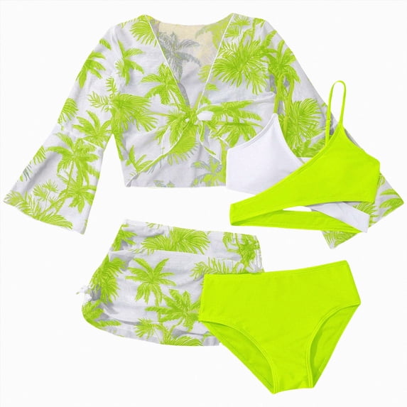 BOBOGOJP Girls Swimsuit Teen Cute Bathing Suits 4 Tropical Print Beach Bikini Sets with Cover Up Mint Green for Size 8-9 Years