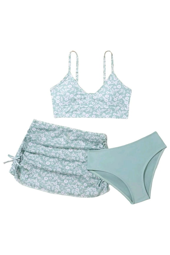 Girls Swimsuit with Skirt Twist Cross Bikini Set Teen Girls Swimming Bathing Suit with Adjustable Shoulder Straps Green for 8-9 Years